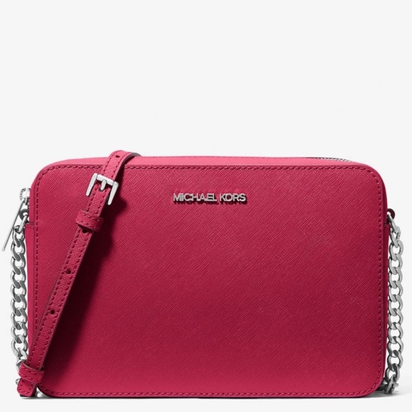 Michael Kors Jet Set Large Saffiano Leather Crossbody Bag Dark Raspberry - Picture 1 of 11